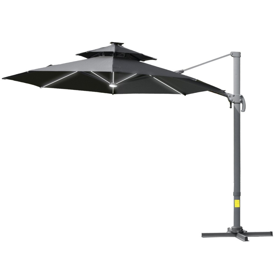 Outsunny 3m Cantilever Parasol Solar Lights Power Bank Base 360° Spin Dark Grey