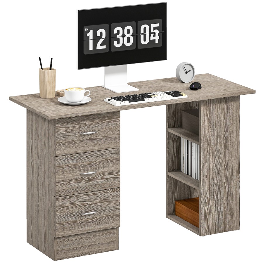 Click to view product details and reviews for Homcom Computer Desk Writing Table Pc Workstation With 3 Storage Shelves And Drawers Silver Handle For Home Office Grey.