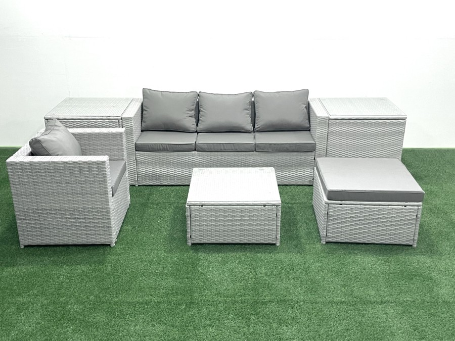 Click to view product details and reviews for Fimous Garden Outdoor Furniture Set 5 Seater Rattan Sofa Set With Big Footstool Armchair 2 Side Tables Light Grey Mixed.