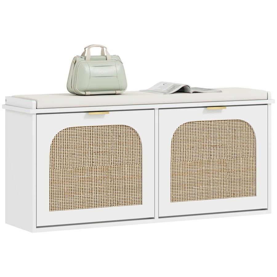 Click to view product details and reviews for Homcom Narrow Shoe Bench With Padded Seat And 2 Flip Drawers Boho Shoe Storage Bench With Rattan Doors And Adjustable Shelves For Hallway Entryway.