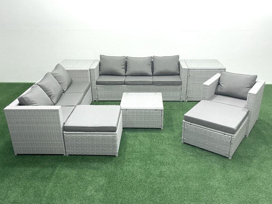 Click to view product details and reviews for Fimous Wicker Pe Rattan Sofa Garden Furniture Set With Armchair Square Coffee Table 2 Big Footstools 2 Side Tables Light Grey Mixed.