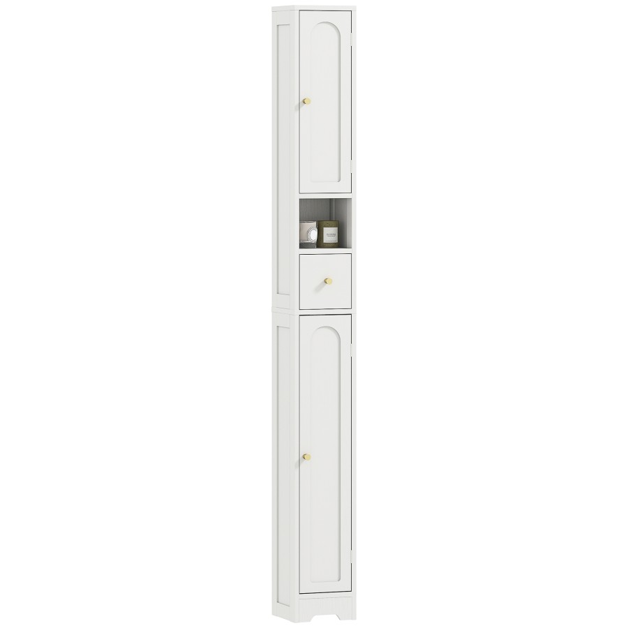 Click to view product details and reviews for Homcom Tall Bathroom Cabinet Modern Slim Bathroom Storage Cabinet With Arched Doors Drawer And Open Shelf Narrow Storage Cupboard With Adjustable S.