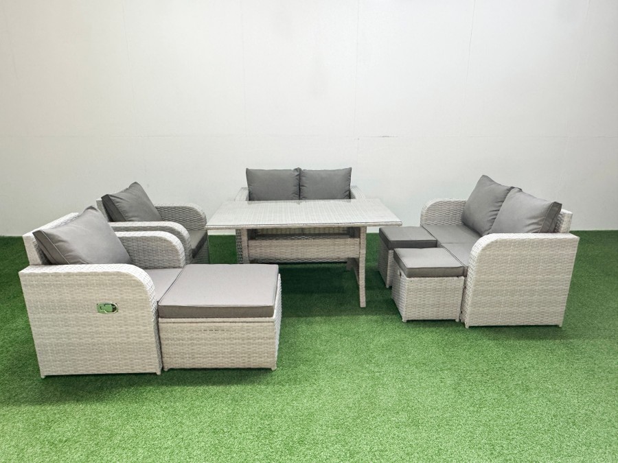Click to view product details and reviews for Fimous 9 Seater Outdoor Reclining Chair Love Sofa Set Rattan Garden Furniture Set With Rectangular Dining Table 3 Stools Light Grey.
