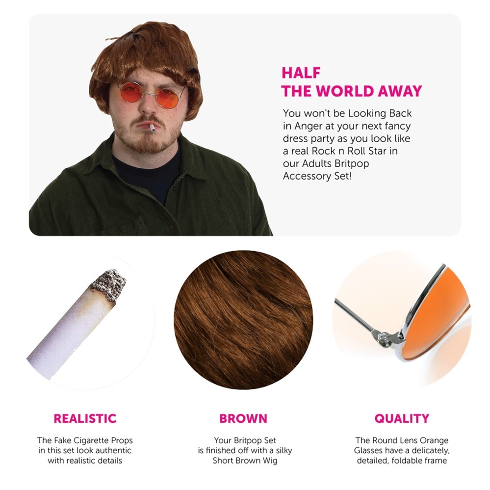 Liam Gallagher Accessory Set - Wig, Glasses, Guitar, Fake Cigs