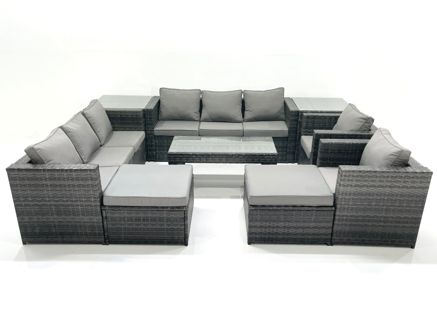 Click to view product details and reviews for Fimous Rattan Garden Furniture Sofa Set With Coffee Table Armchair 2 Side Tables 2 Big Footstools Dark Grey Mixed.