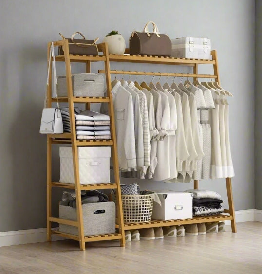 Bamboo Clothes Storage Rack with Shelves and Cazaar
