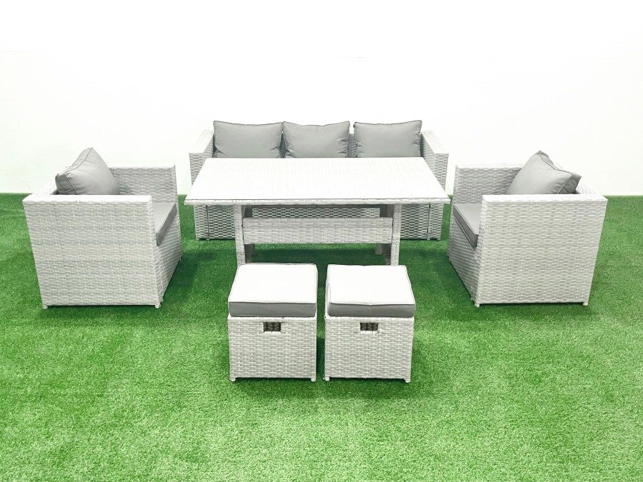 Click to view product details and reviews for Fimous Garden Dining Set Outdoor Rattan Furniture Set With Sofa Dining Table 2 Chairs 2 Small Footstools Light Grey Mixed.