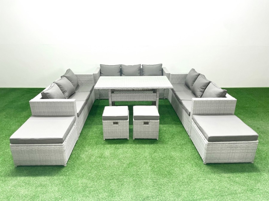 Click to view product details and reviews for Fimous Rattan Garden Furniture Dining Set 13 Seater Lounge Sofa Dining Table Set With 4 Footstools Light Grey Mixed.