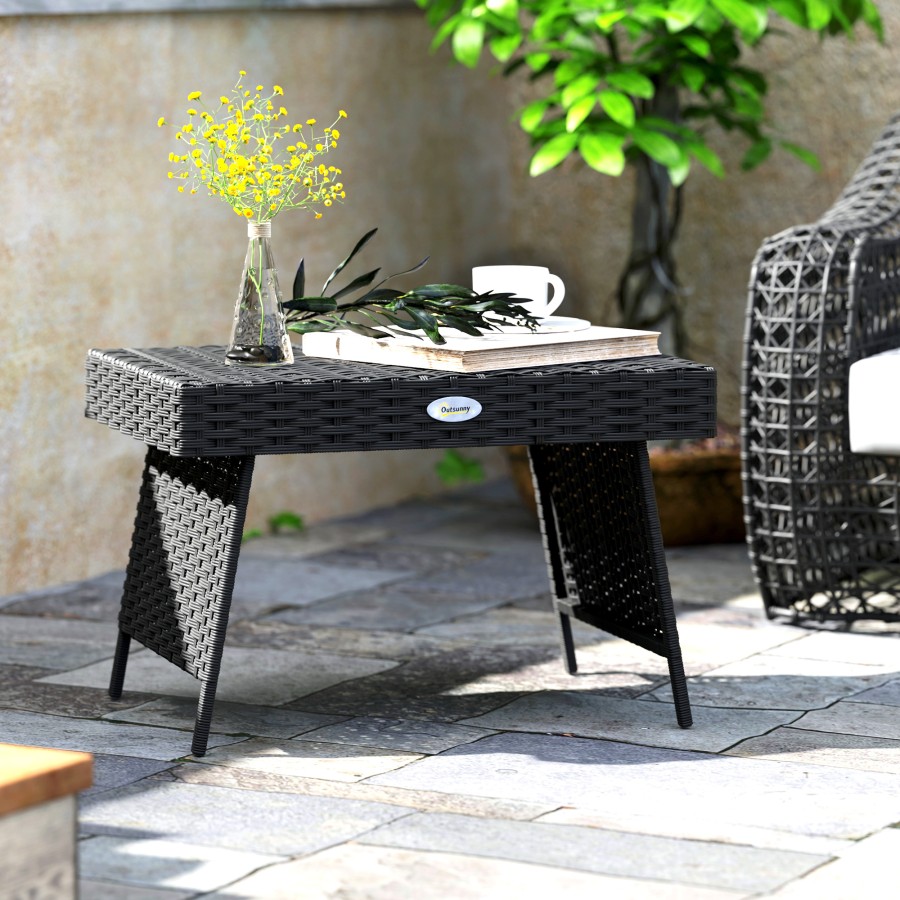 Click to view product details and reviews for Outsunny Foldable Outdoor Coffee Table Steel Frame Rattan Side Table Coffee Table Side Table For Garden Black.