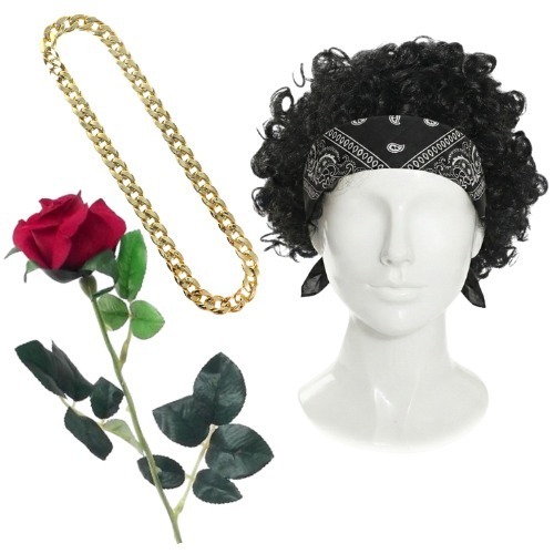 Click to view product details and reviews for Adults 24 Karat Pop Star Accessory Set 4 Pcs Black Wig Banana Chain Rose.