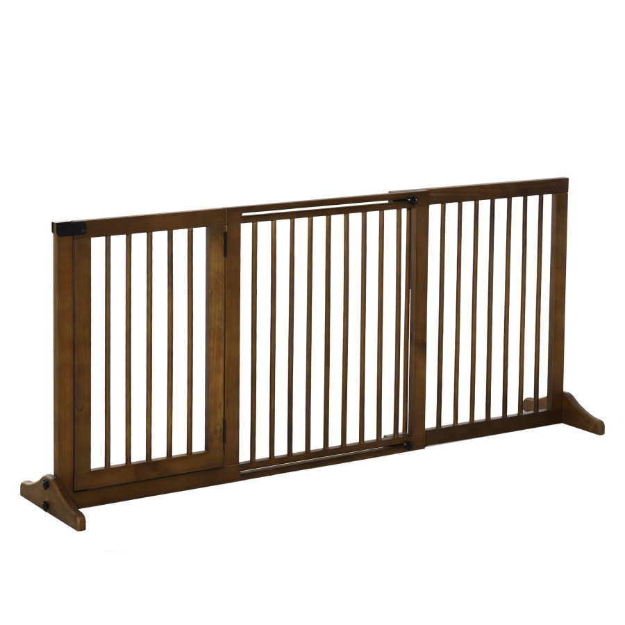 Click to view product details and reviews for Pawhut 166cm Wooden Freestanding Pet Gate Adjustable Length W Door Lock Brown.