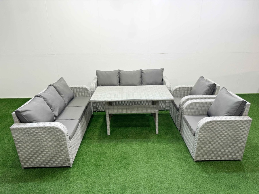 Click to view product details and reviews for Fimous Pe Rattan High Back Lounge Sofa Set Patio Rectangular Dining Table Chairs Set With 3 Seater Sofa Reclining Chair Light Grey.