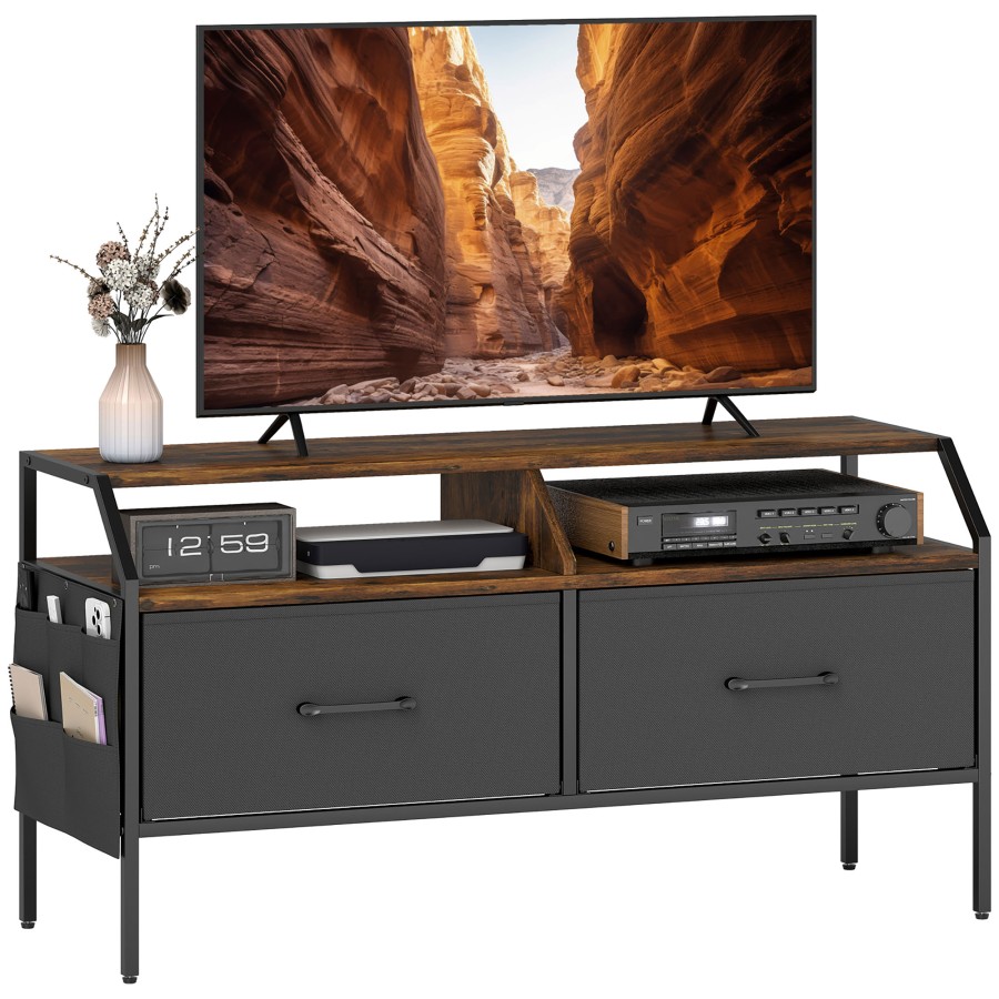 Click to view product details and reviews for Homcom Tv Stand Cabinet Tv Unit For 55 Inch Tvs With 2 Foldable Fabric Drawers 5 Divided Side Pockets Open Shelves Console Table For Living Room.