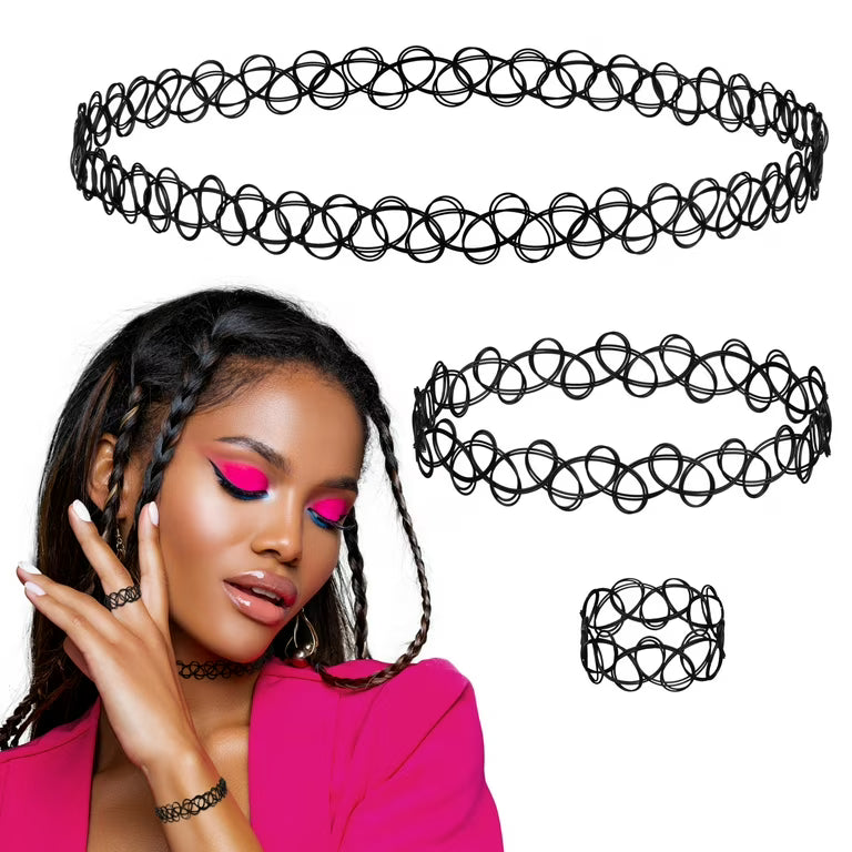 Black Tattoo Necklace, Bracelet & Ring Set