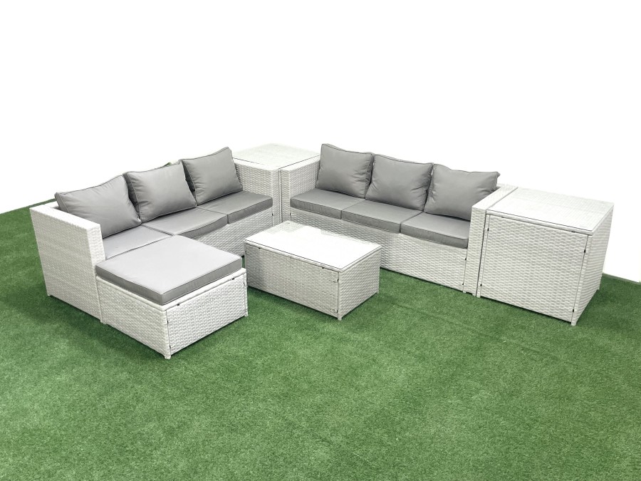 Click to view product details and reviews for Fimous Garden Outdoor Pe Rattan Furniture Set 7 Seater Rattan Garden Sofa Set With Big Footstool 2 Side Tables Light Grey Mixed.