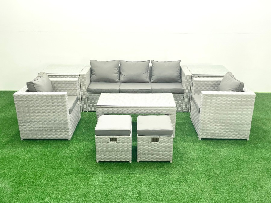 Click to view product details and reviews for Fimous Rattan Garden Furniture Set 7 Seater Outdoor Garden Sofa Oblong Coffee Table Set With 2 Chairs 2 Stools 2 Side Tables Light Grey Mixed.