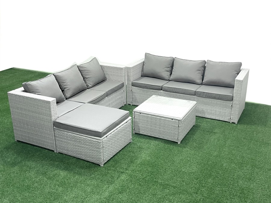 Click to view product details and reviews for Fimous Rattan Garden Outdoor Furniture Set 7 Seater Rattan Garden Sofa Set With Big Footstool Light Grey Mixed.
