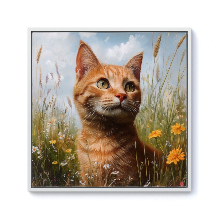 Click to view product details and reviews for Happy Short Haired Ginger Cat In A Spring Meadow Framed Canvas 10 X 10 White.