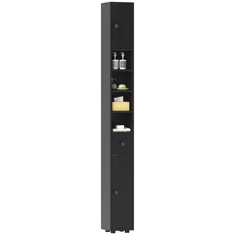 Click to view product details and reviews for Kleankin 180cm Tall Bathroom Cabinet Slim Bathroom Storage Cabinet With 4 Open Shelves 2 Door Cupboards And Adjustable Shelves Black Wood Effect.