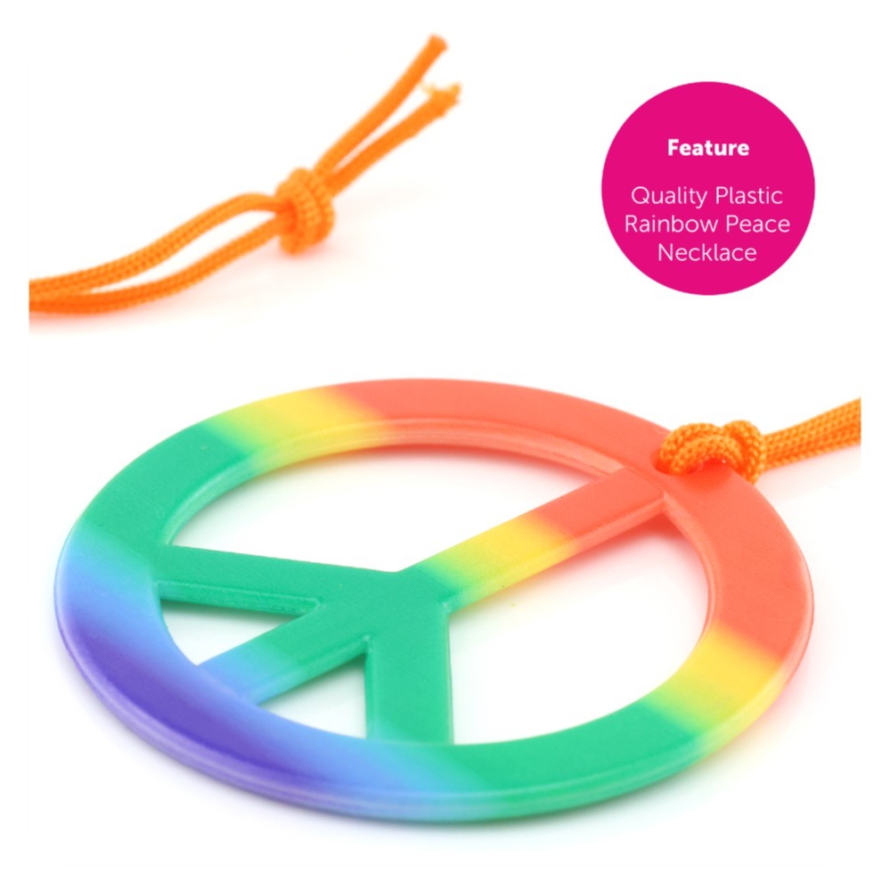 Hippy Accessory Set – Wig, Rainbow Peace Necklace & Red Flower Headband