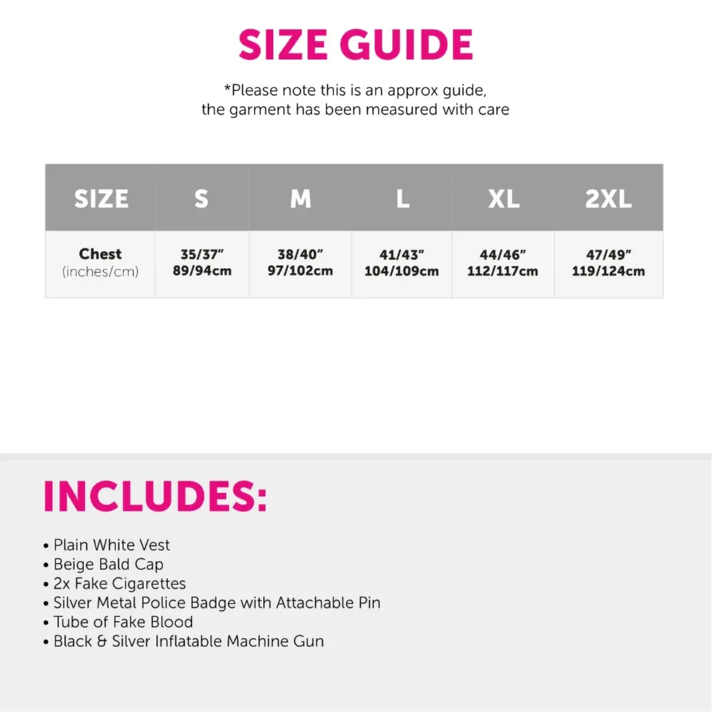 Adults John McClane Costume | 6 Pcs | White Vest, Bald Cap, Badge, Fake Cigarettes, Inflatable Gun & Fake Blood