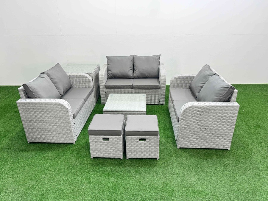 Click to view product details and reviews for Fimous 8 Seater Pe Wicker Rattan Furniture Sofa Sets With Square Coffee Table 2 Seater Love Sofa 2 Stool Side Table Light Grey.