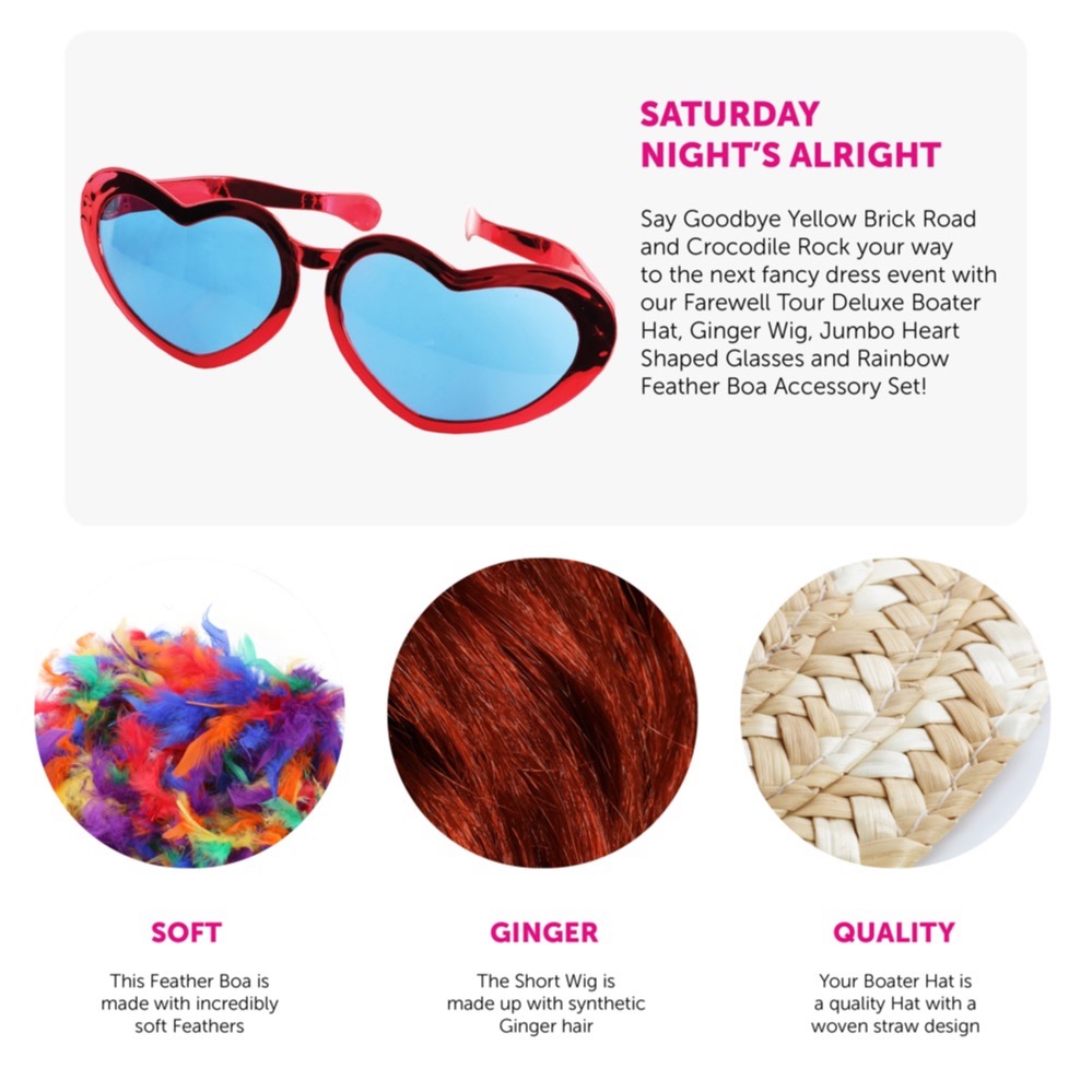 Elton John Set, Hat, Wig, Glasses & Boa - Features