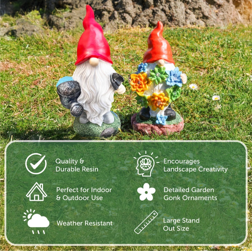 2 Pack Garden Gonk Ornaments (33cm & 22cm) – Resin Gnome Decorations with Solar Light for Outdoor or Indoor Use