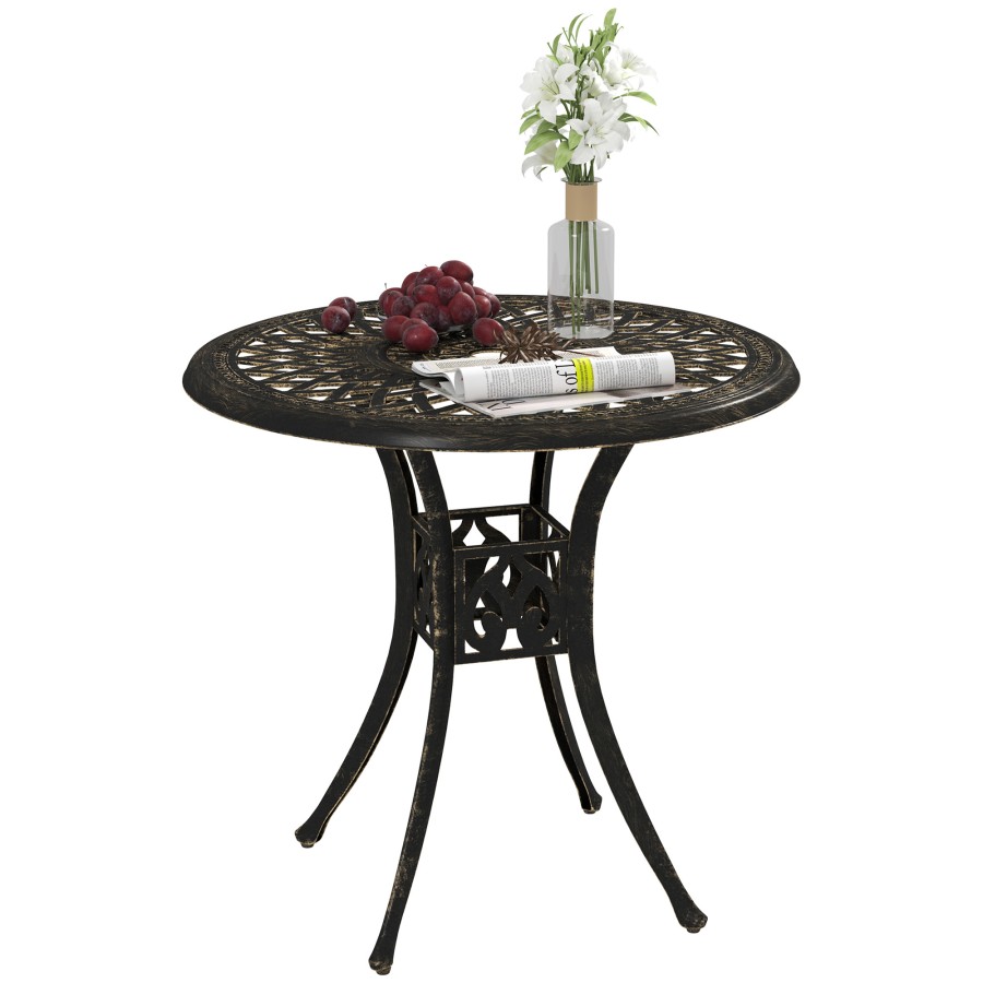 Click to view product details and reviews for Outsunny 78 Cm Round Garden Dining Table With Parasol Hole Antique Cast Aluminium Outdoor Table Only Bronze Tone.
