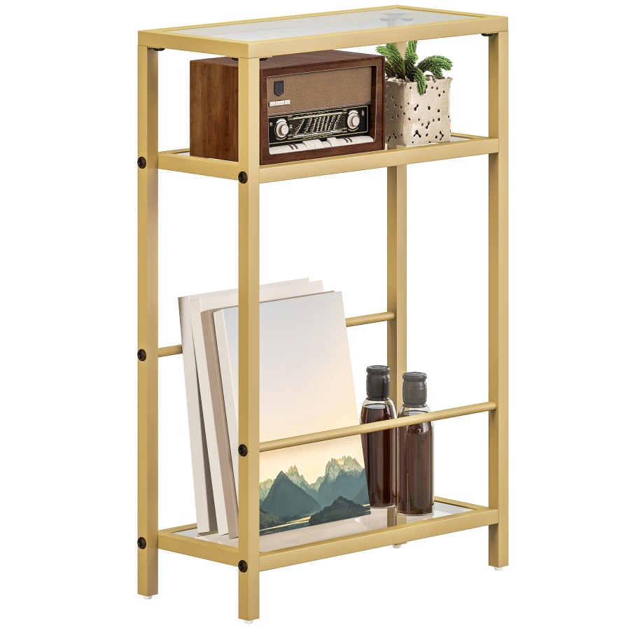 Click to view product details and reviews for Homcom Narrow Bedside Table 3 Tier Slim Side Table With Tempered Glass Tabletop Steel Frame For Small Space Living Room Bedroom Gold Tone.