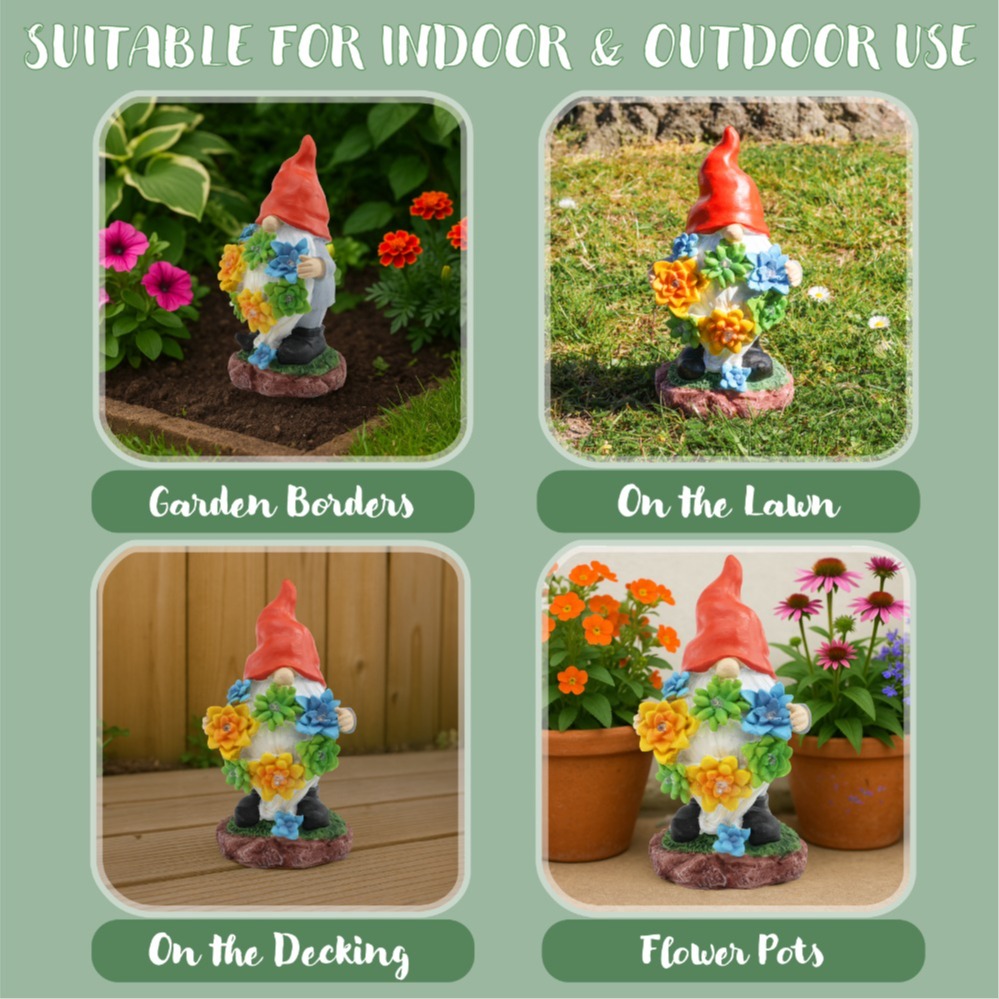 Solar Gonk Garden Statue with Succulents & LED Lights (22cm)