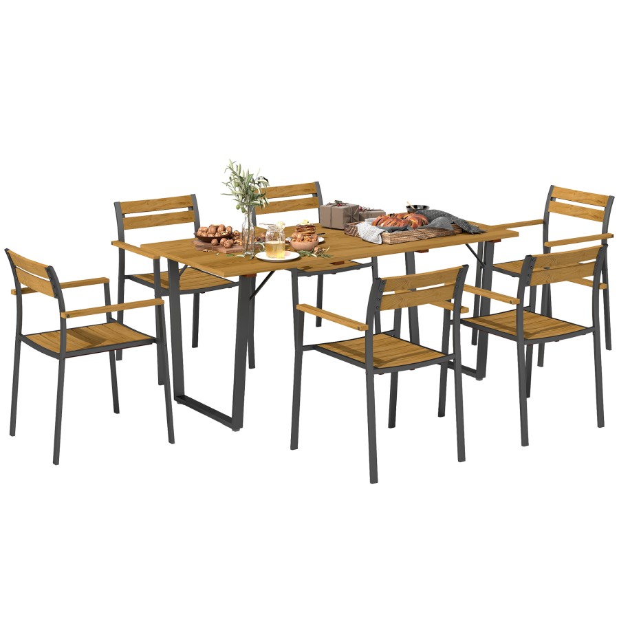Click to view product details and reviews for Outsunny 7 Piece Garden Dining Set Fir Wood Garden Furniture Set With Rectangle Table And 6 Stackable Chairs Umbrella Hole Slatted Top And Steel Fr.