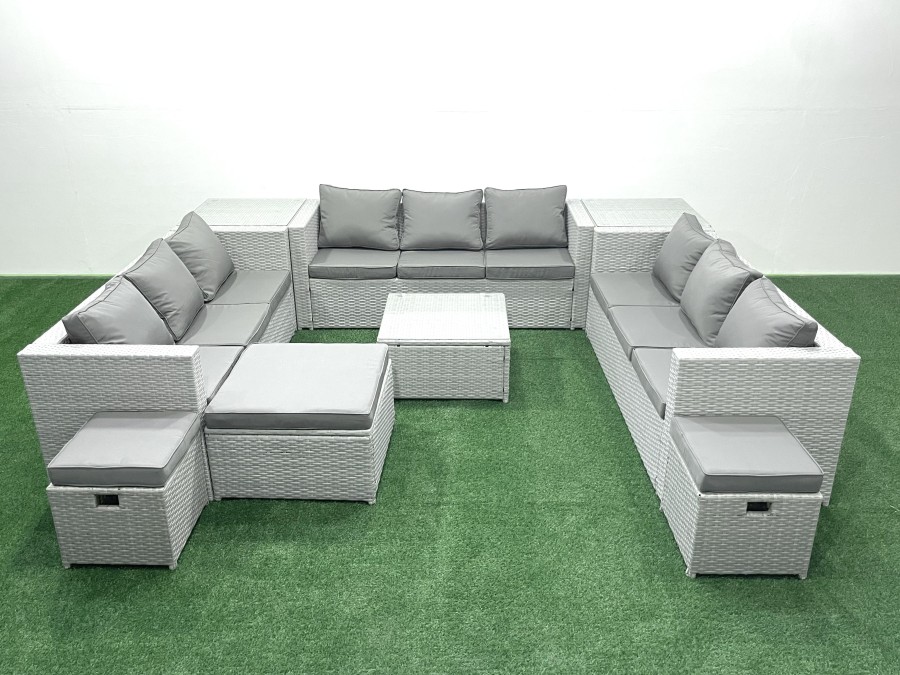 Click to view product details and reviews for Fimous Rattan Garden Outdoor Furniture Set 12 Seater Rattan Garden Sofa Set With 3 Footstools 2 Side Tables Light Grey Mixed.