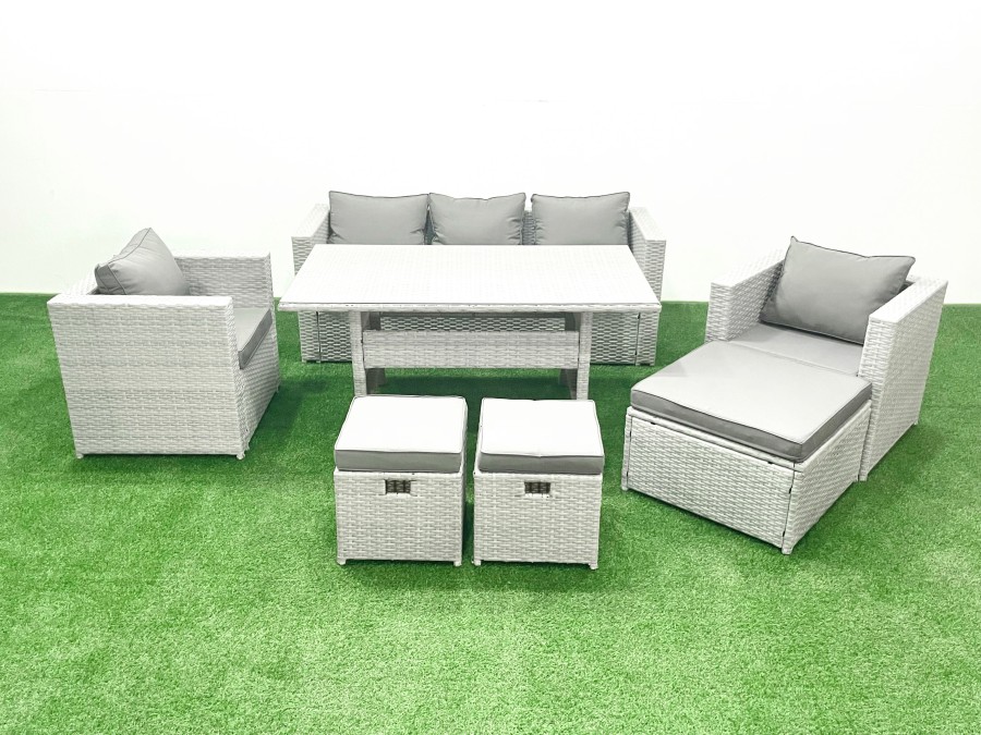 Click to view product details and reviews for Fimous Garden Dining Set Outdoor Rattan Furniture Set With Sofa Dining Table 2 Chairs 3 Footstools Light Grey Mixed.