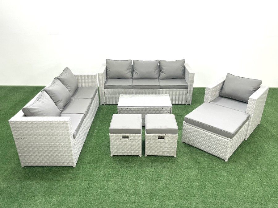 Click to view product details and reviews for Fimous Wicker Pe Rattan Sofa Garden Furniture Set With Armchair Oblong Coffee Table 3 Footstools Light Grey Mixed.