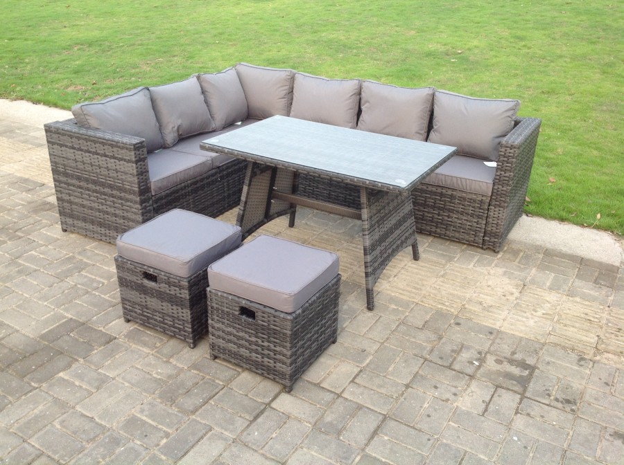 Click to view product details and reviews for Fimous Dark Mixed Grey Rattan Garden Outdoor Corner Sofa Set 8 Seater Rectangular Dining Table Small Footstools.