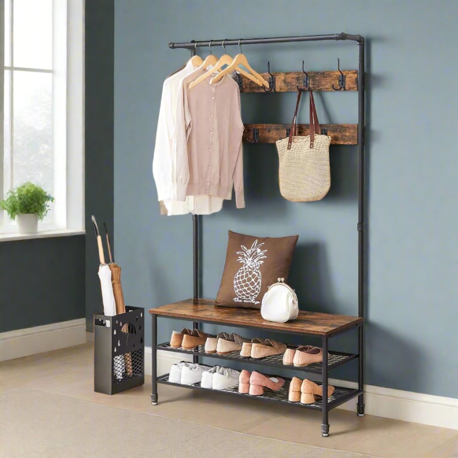 Large Hall Tree Coat Rack with Bench and Shoe Rack