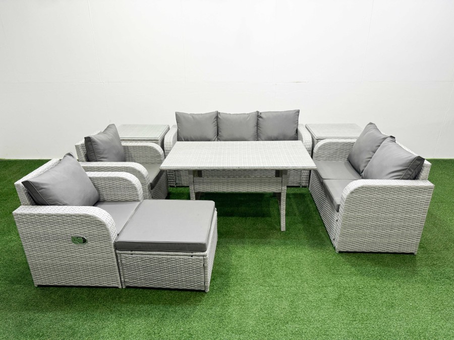 Click to view product details and reviews for Fimous Pe Rattan Garden Furniture Set Reclining Chair Sofa Double Love Seat 2 Seater Sofa Lounge Set Rectangular Dining Table Big Footstool 2 Side Tab.