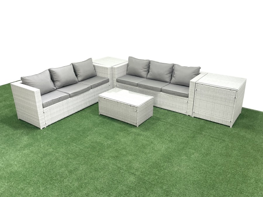 Click to view product details and reviews for Fimous Garden Outdoor Pe Rattan Furniture Set 6 Seater Rattan Garden Sofa Set With 2 Side Tables Light Grey Mixed.