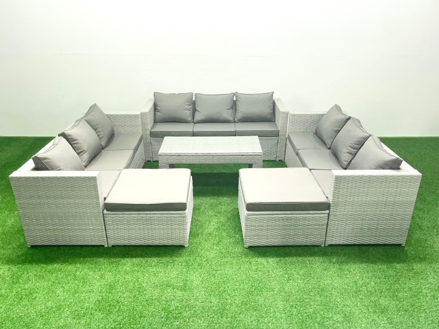 Click to view product details and reviews for Fimous Rattan Garden Outdoor Furniture Set 11 Seater Garden Sofa Oblong Coffee Table Set With 2 Big Footstools Light Grey Mixed.