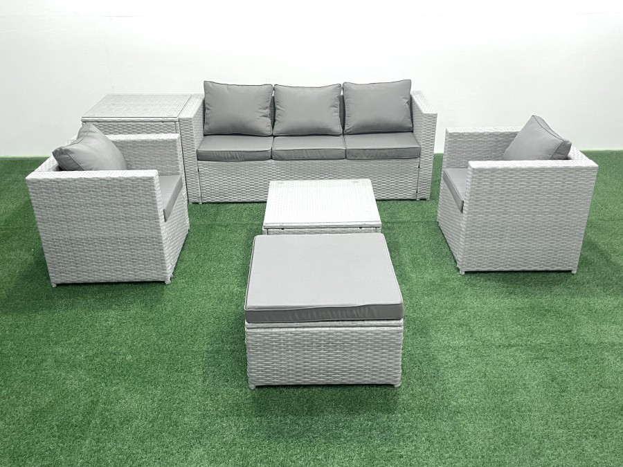 Click to view product details and reviews for Fimous 6 Seater Rattan Garden Furniture Set With 3 Seater Sofa 2 Chair Square Coffee Table Big Footstool Side Table Light Grey Mixed.