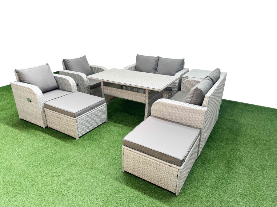 Click to view product details and reviews for Fimous 8 Seater Outdoor Reclining Chair Love Sofa Set Rattan Garden Furniture Set With Rectangular Dining Table 2 Big Footstools Side Table Light Gre.