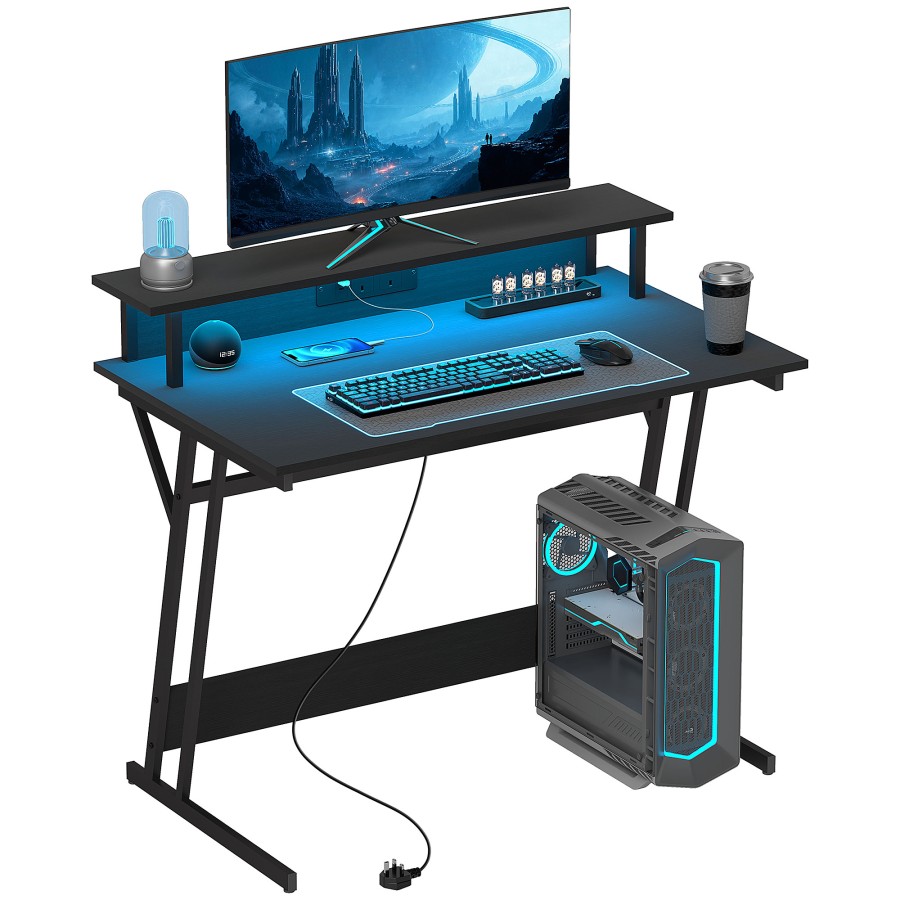Click to view product details and reviews for Homcom Gaming Desk With Led Lights And Power Outlets 100 X 60cm Z Shaped Computer Desk With Monitor Stand And Steel Frame Pc Gaming Table For Home O.