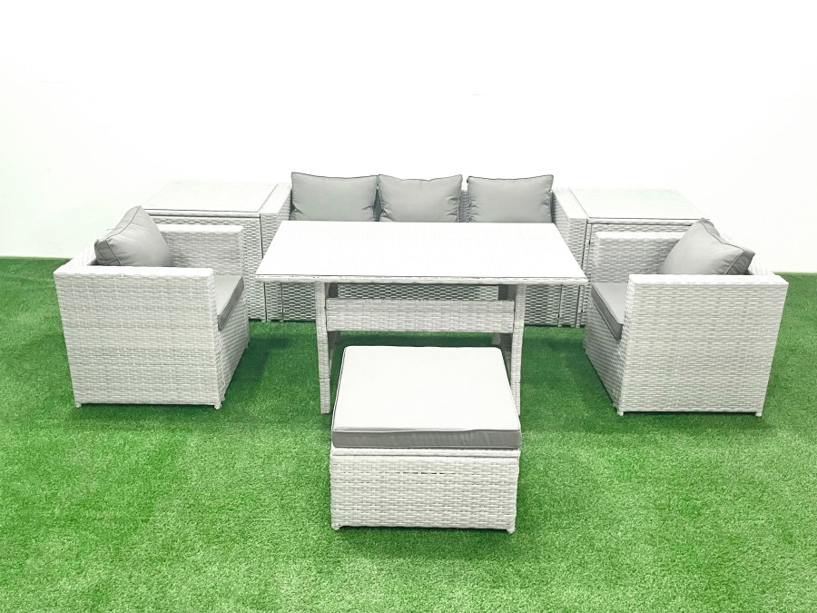 Click to view product details and reviews for Fimous Garden Dining Set Outdoor Rattan Furniture Set With Sofa Dining Table 2 Chairs Big Footstool 2 Side Tables Light Grey Mixed.