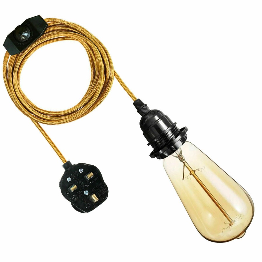 Click to view product details and reviews for 4m Fabric Flex Cable Uk Gold Colour Plug In Pendant Lamp Light Set E27 Bulb Holder Switch3749.