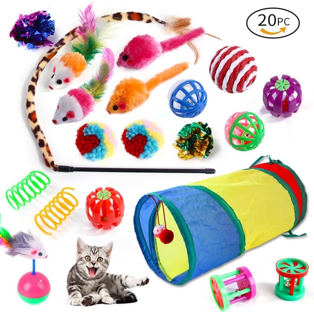 20 PCS Cat Toys Set with Tunnel, Feather Wand, Balls & Mice