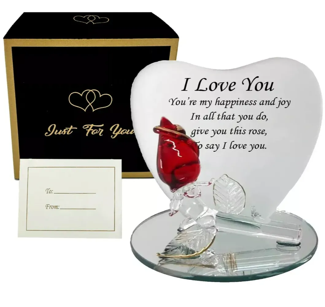 Glass Heart with Red Rose - Romantic Love Valentines Day Gift for Any Occasion
