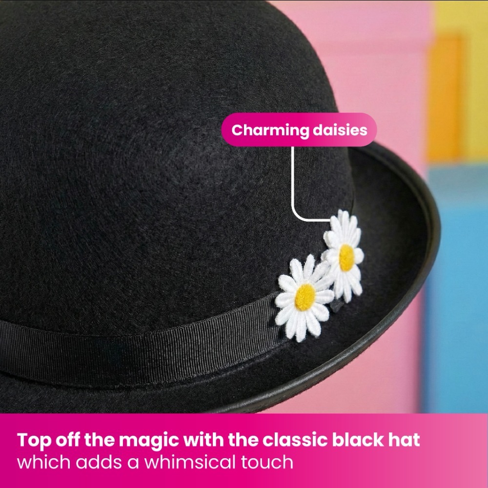 Girls Magical Nanny Costume - with Flower Bowler Hat, White Gloves & Floral Bag