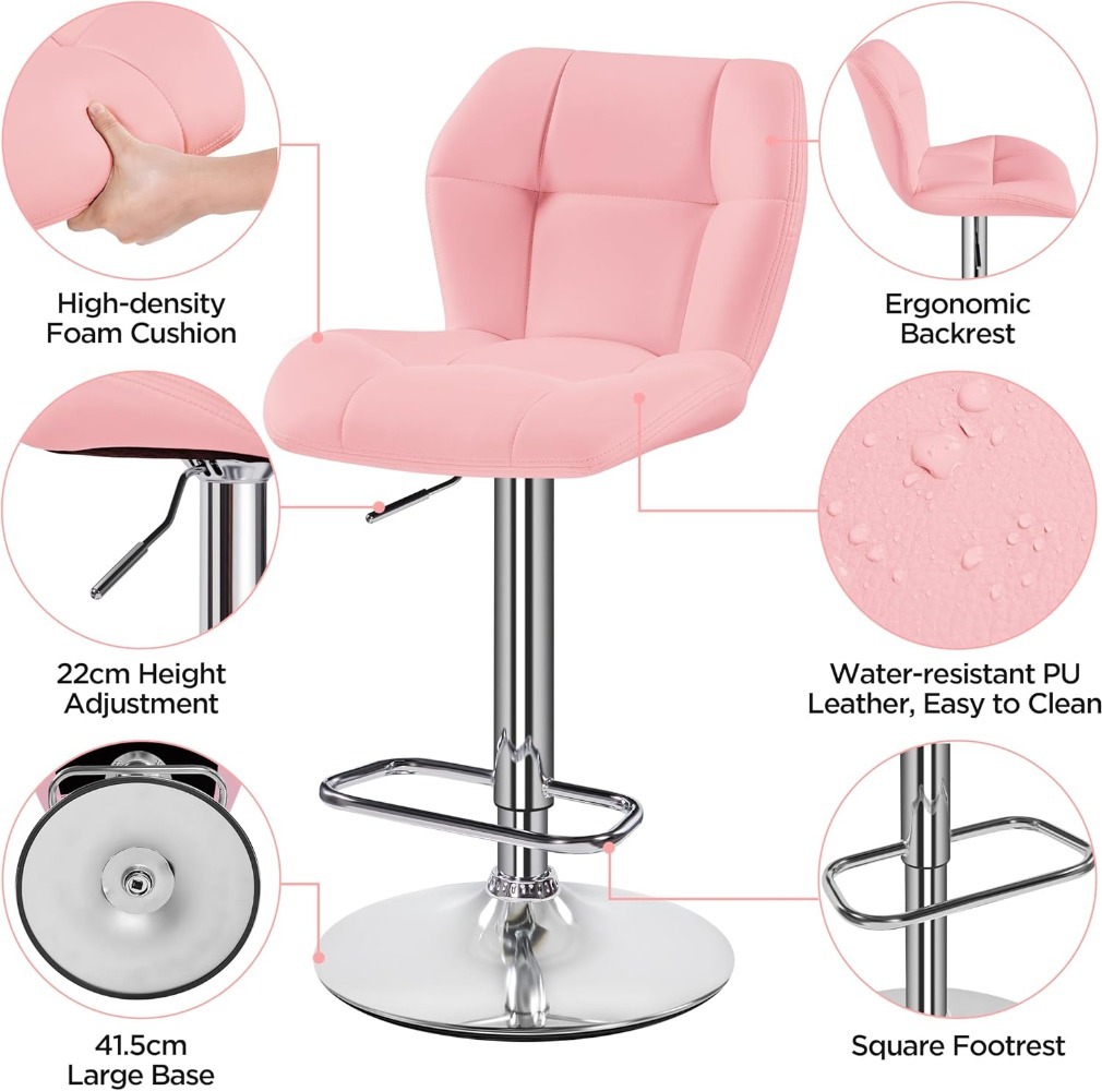 Modern Pink Bar Stools Set of 2, Adjustable Swivel PU Leather Counter Chairs