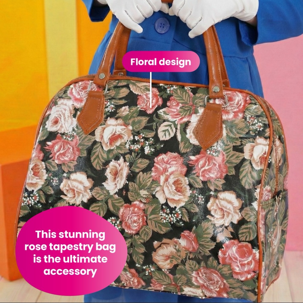 Girls Magical Nanny Costume - with Flower Bowler Hat, White Gloves & Floral Bag